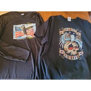 Lot of 2 Patriotic Graphic Tees - Jerzees XL & Long Sleeve L  Eagle, Flag, Skull